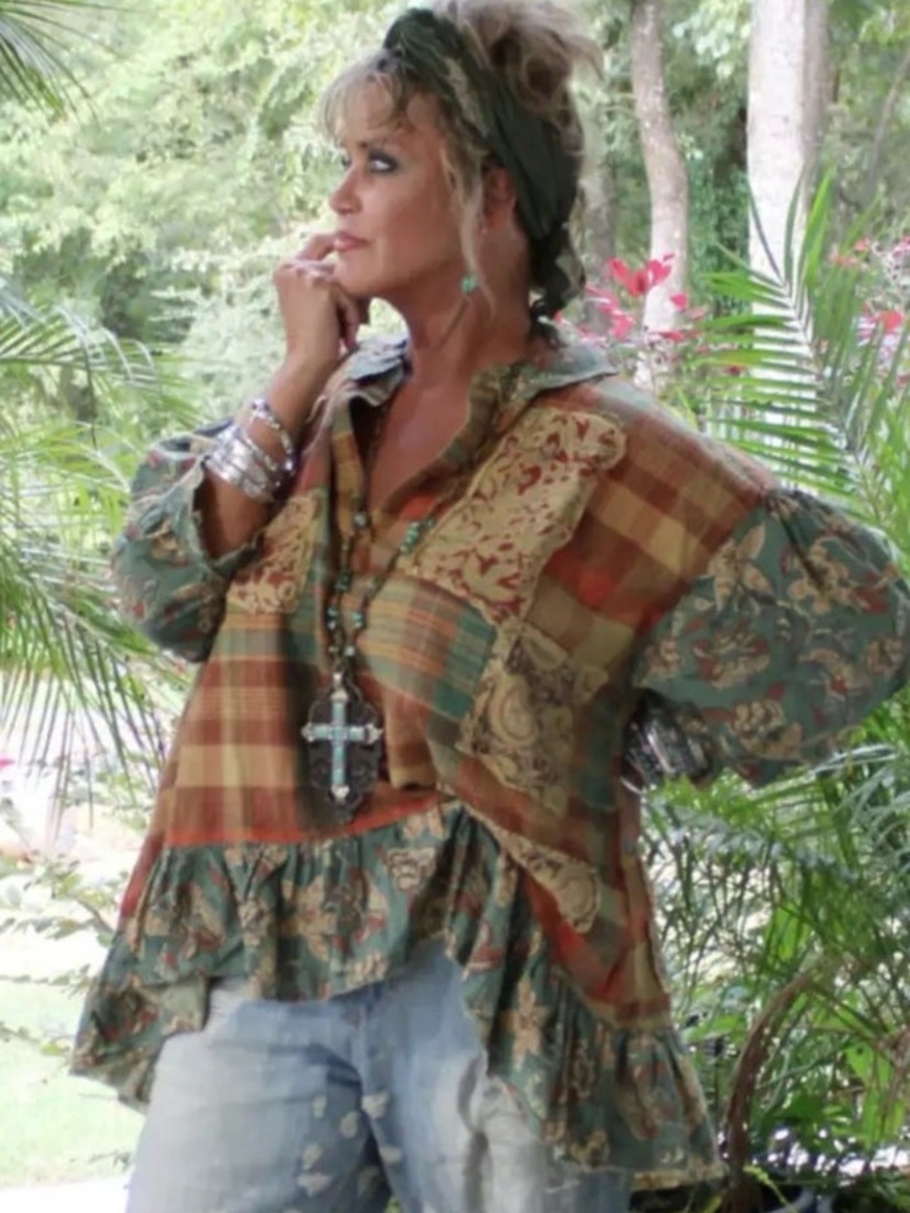 JADED GYPSY Stormy Skies Patchwork Ruffle Hem Top